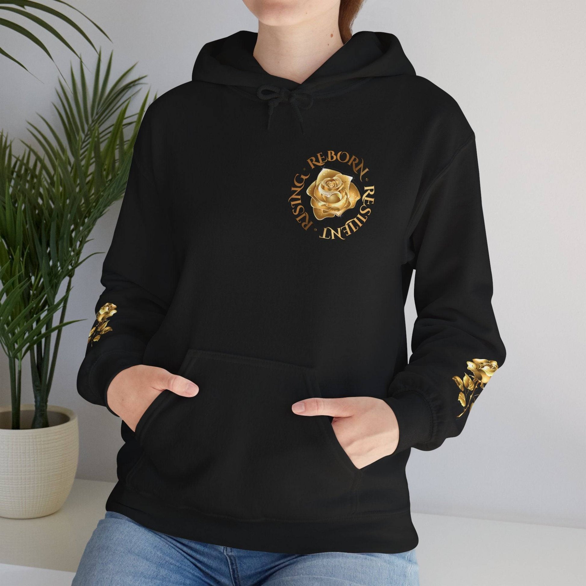 Resilient Rose Hoodie – Inspirational Graphic Hoodie with Gold Roses - Dream Studio Prints
