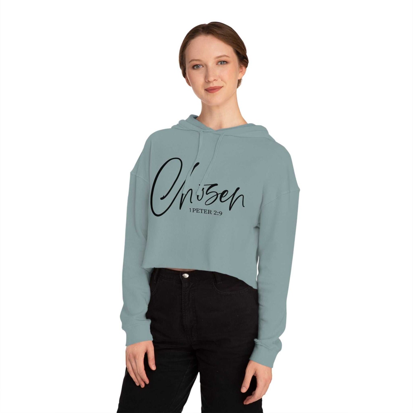 Faith-Inspired Cropped Sweatshirt — "Choosen" with 1 Peter 2:9 - Dream Studio Prints