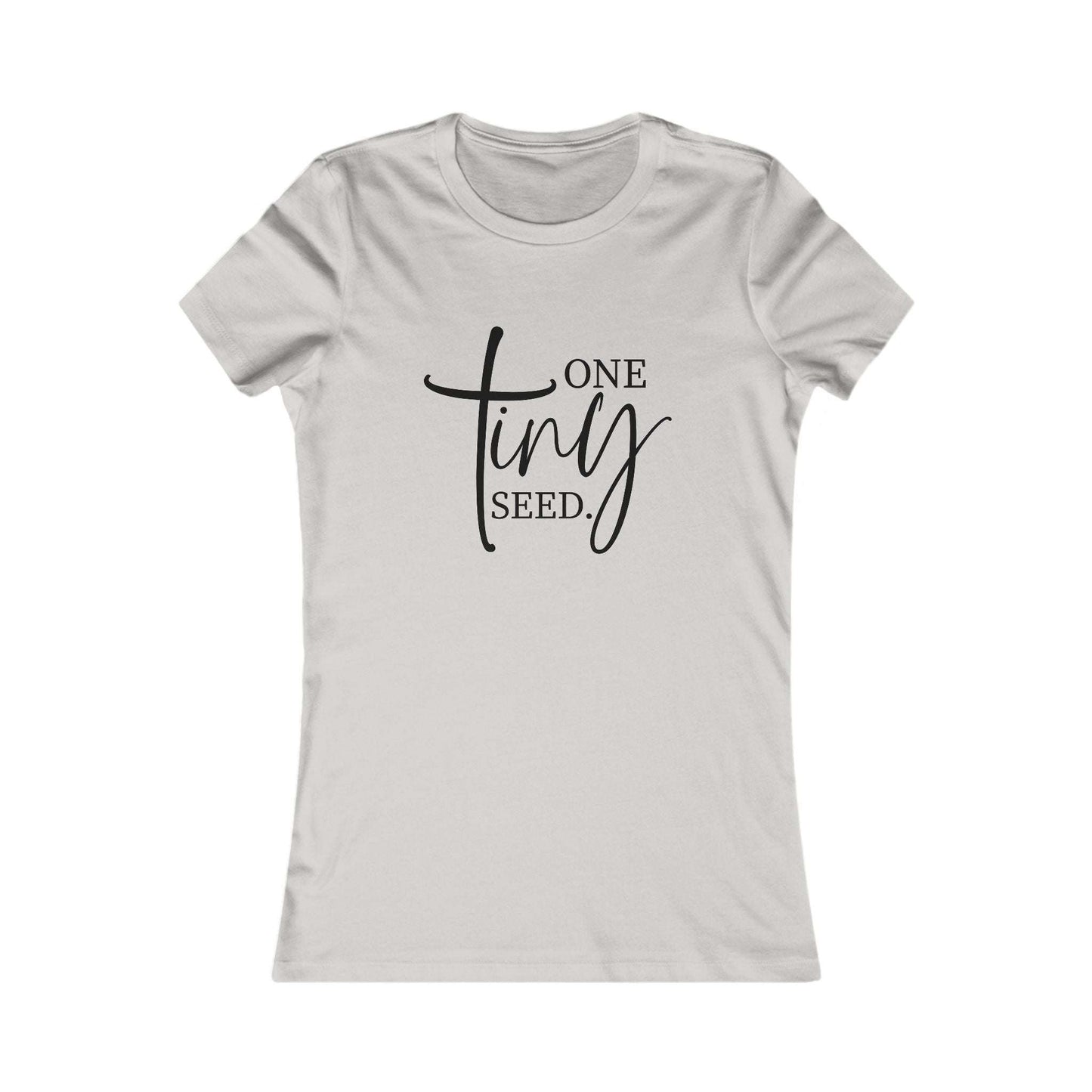 Light gray One Tiny Seed women's tee with black inspirational Christian lettering, soft cotton shirt for spiritual encouragement and everyday style.