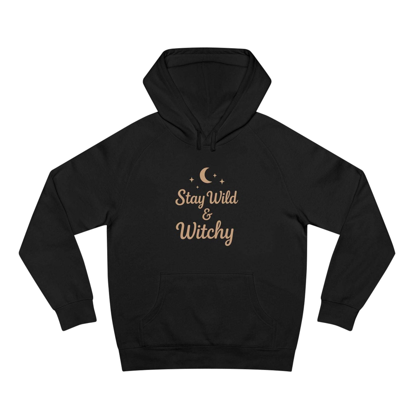 Black Witchy Supply Hoodie with beige 'Stay Wild & Witchy' text, blending comfort and Wiccan vibes for unisex fashion.