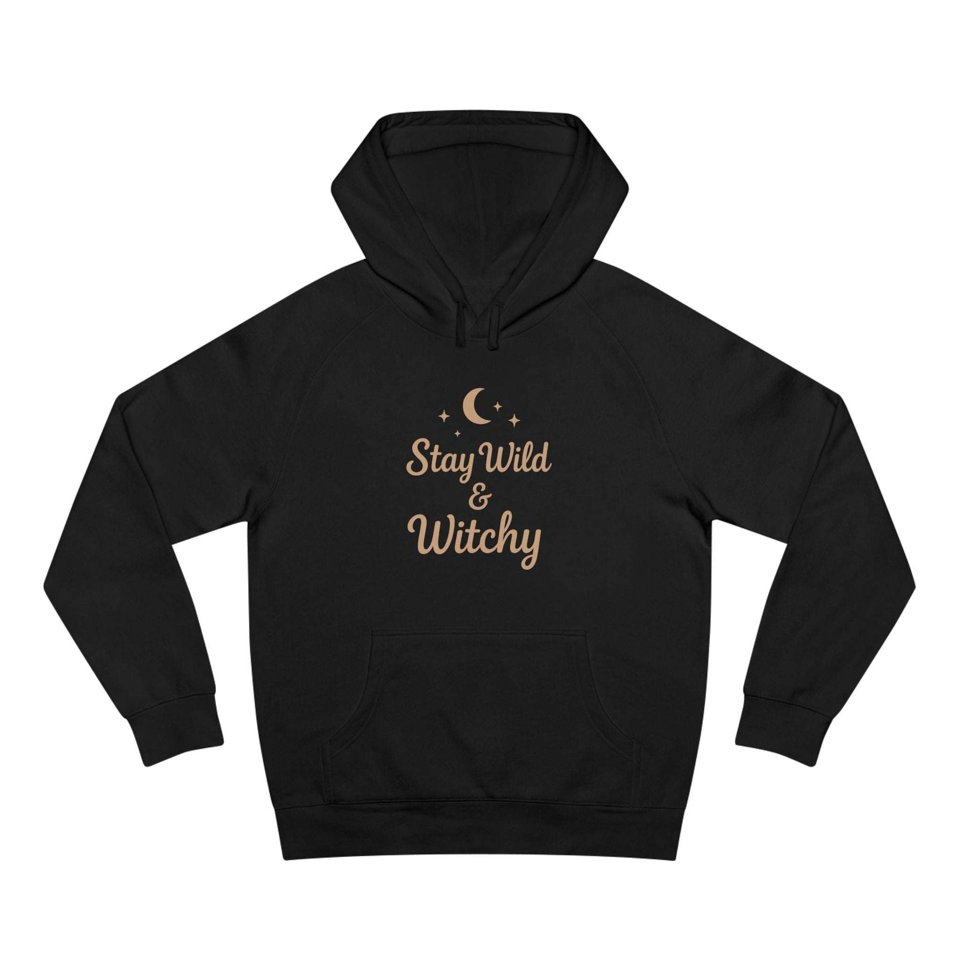 Black Witchy Supply Hoodie with beige 'Stay Wild & Witchy' text, blending comfort and Wiccan vibes for unisex fashion.