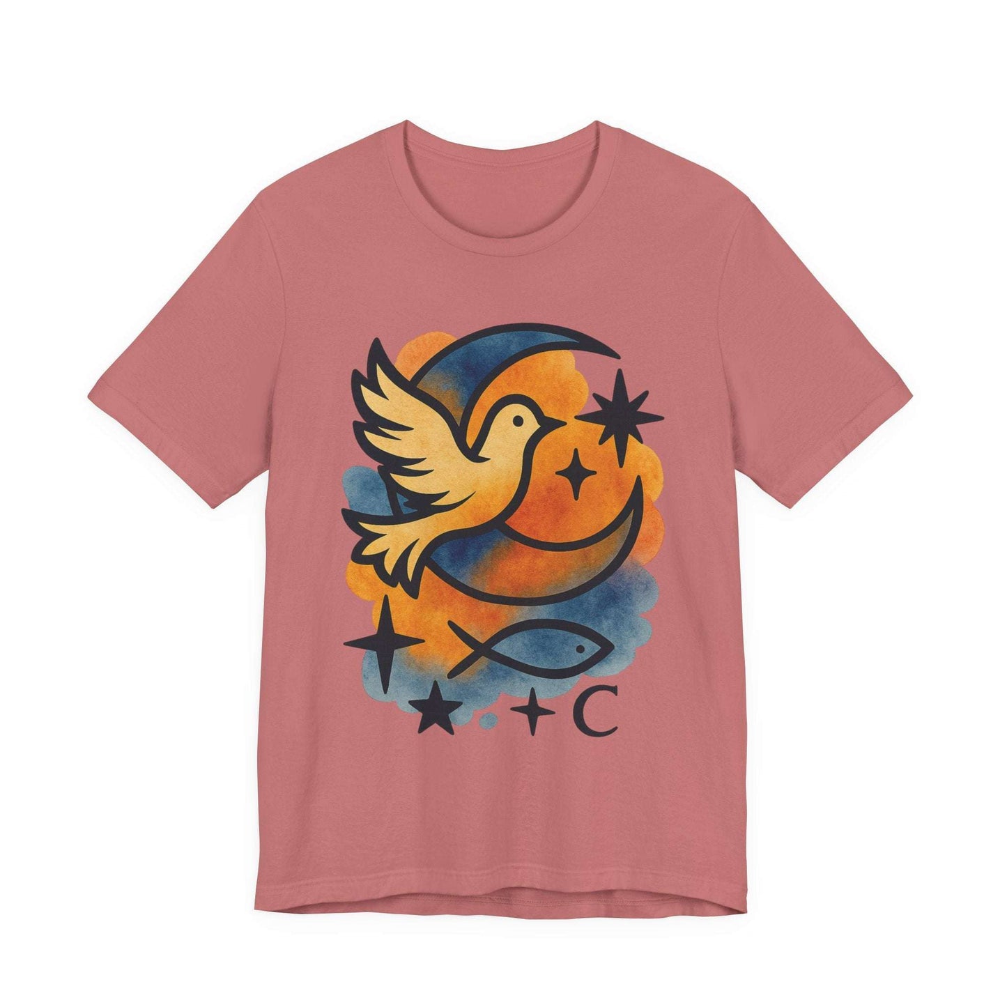 Dove & Crescent Moon Graphic Tee — Spiritual Dove Fish Symbol T-Shirt - Dream Studio Prints