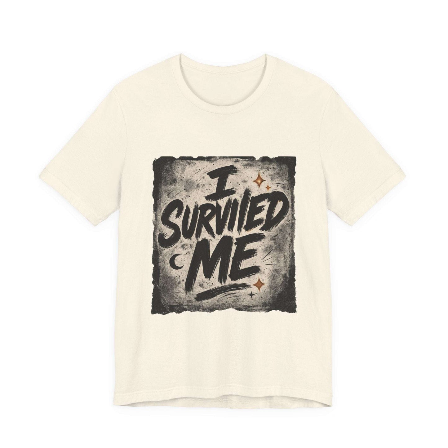 Cream Survivor Grunge Graphic Tee with distressed 'I Survived Me' message, great for self-love and motivational wear.
