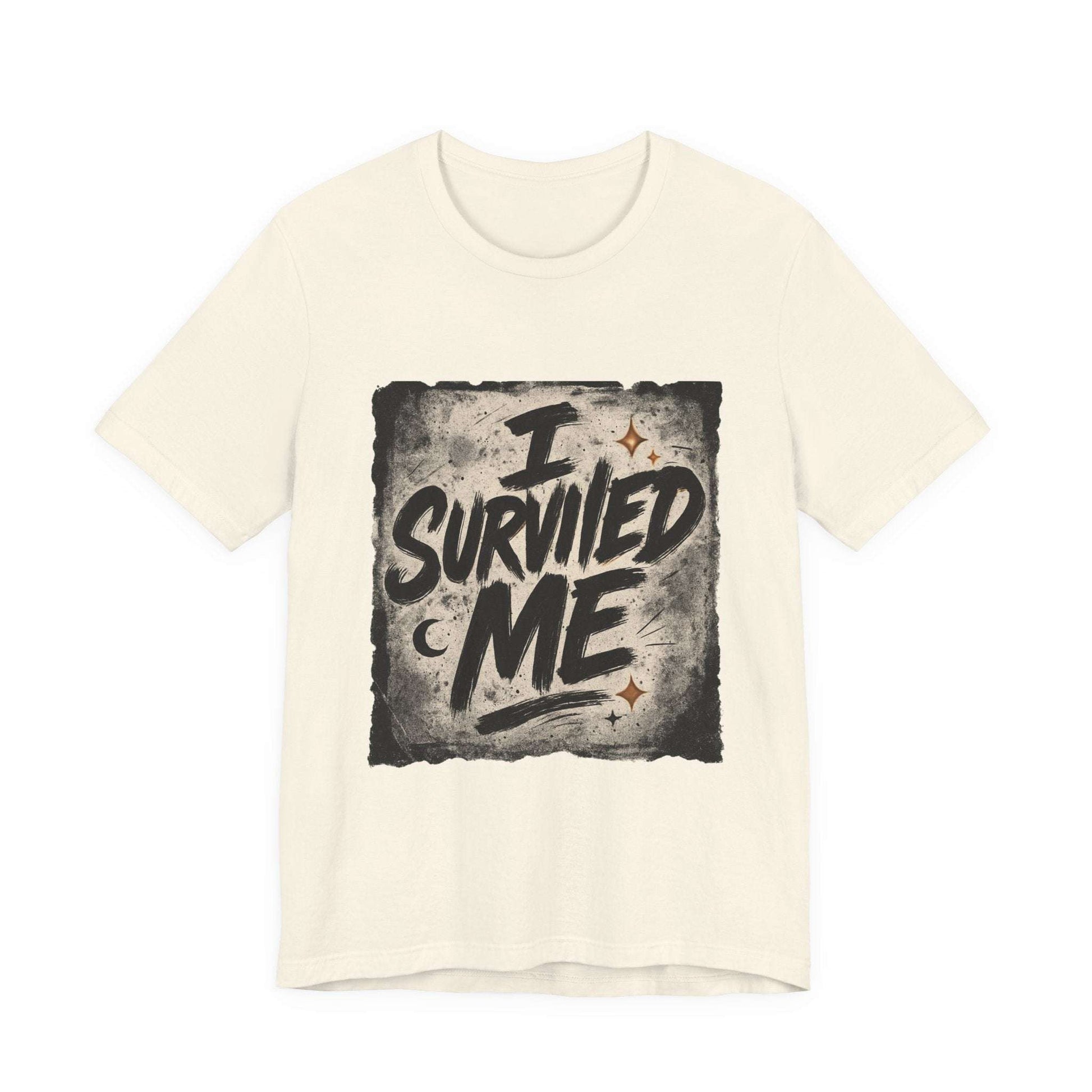 Cream Survivor Grunge Graphic Tee with distressed 'I Survived Me' message, great for self-love and motivational wear.