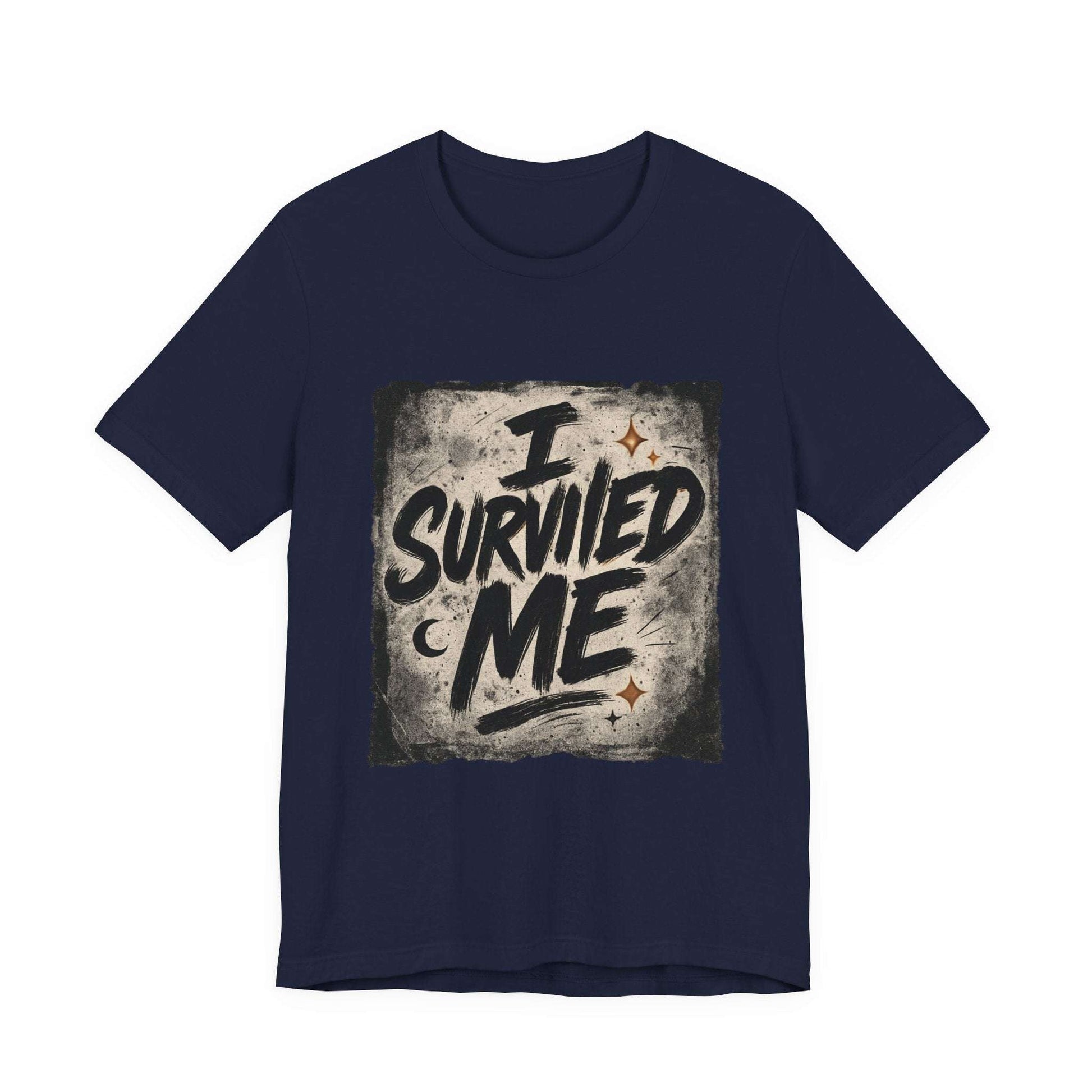 Navy Survivor Grunge Graphic Tee with distressed 'I Survived Me' design, perfect for bold statement and mental health awareness.