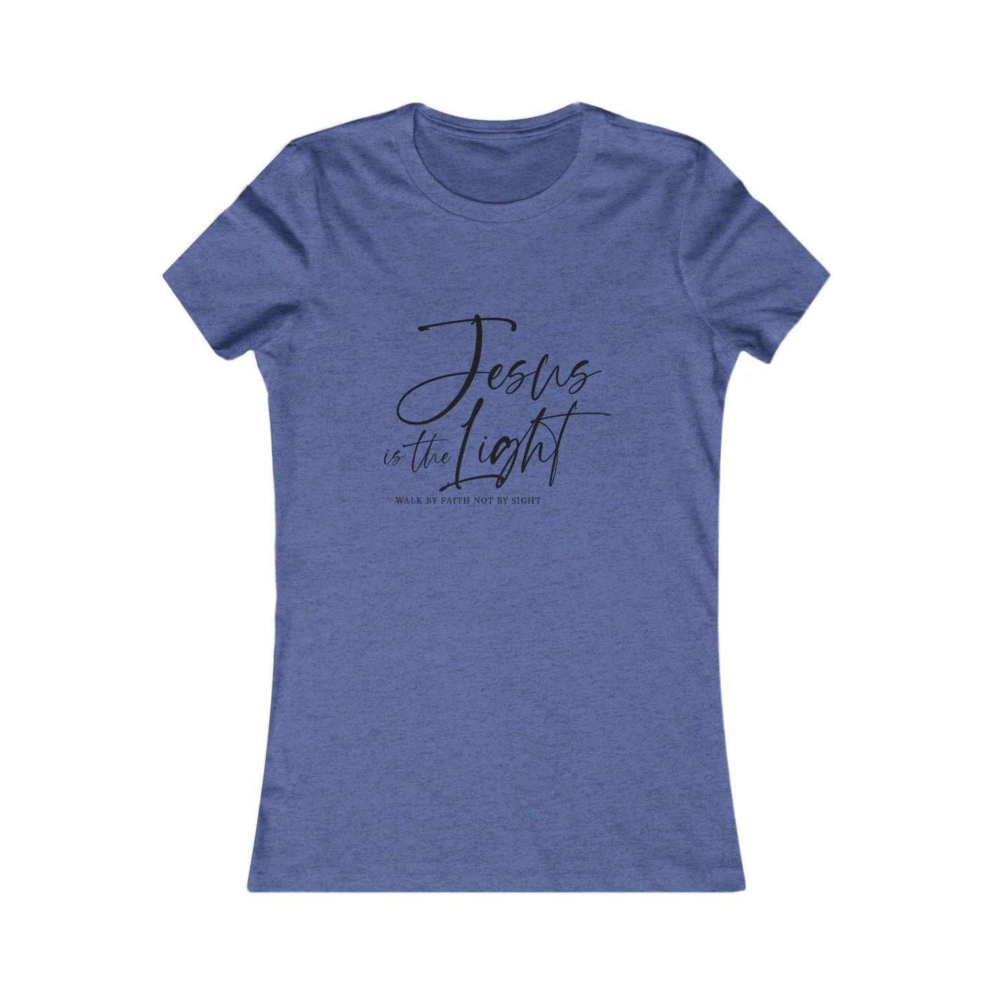 Heather blue Jesus Is the Light Women’s Tee with bold black script, faith-based women’s shirt for spiritual inspiration.