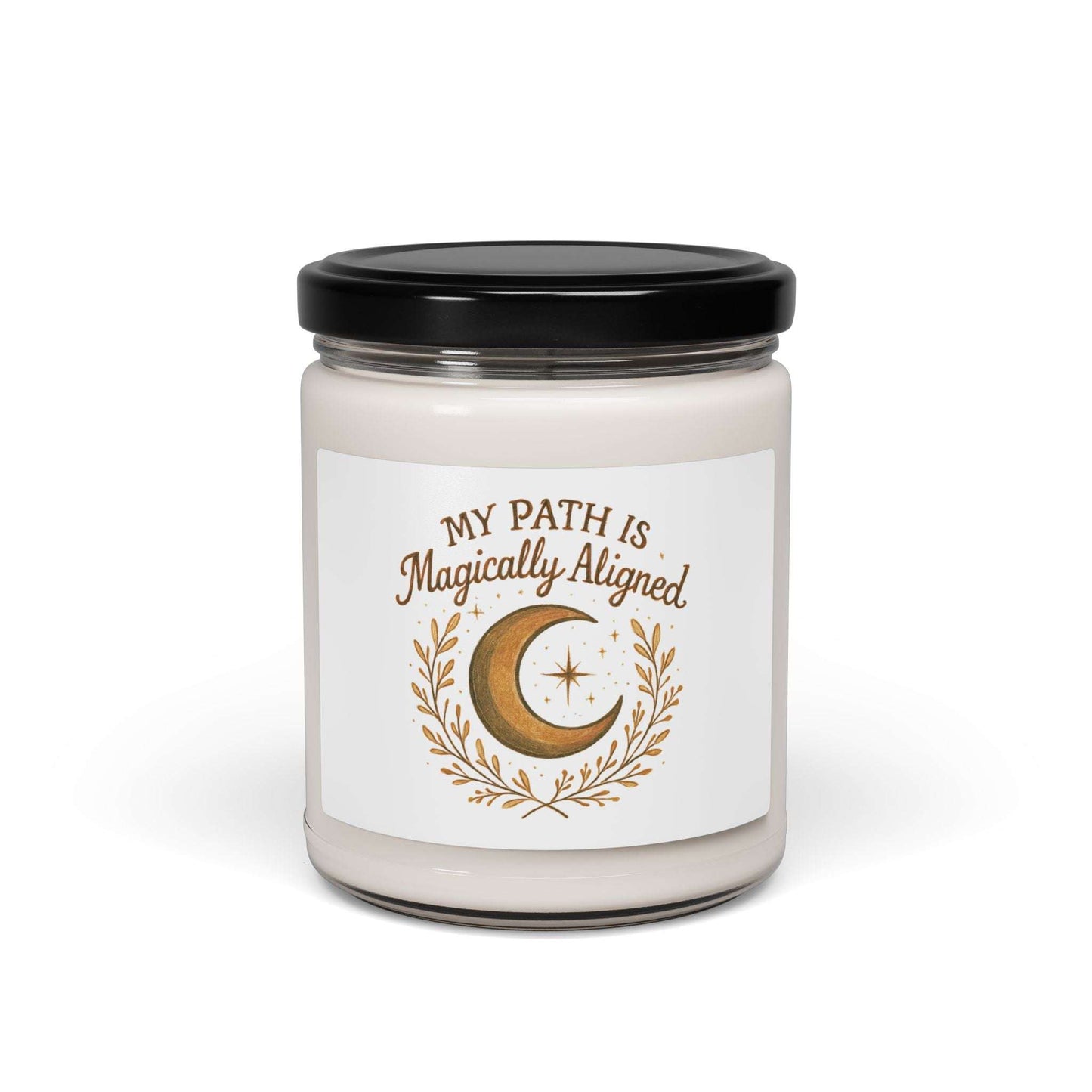 Unlit Magically Aligned 9oz Soy Candle — Moon & Stars Scented Jar with celestial label and black lid, perfect for boho home decor and self-care gifting.