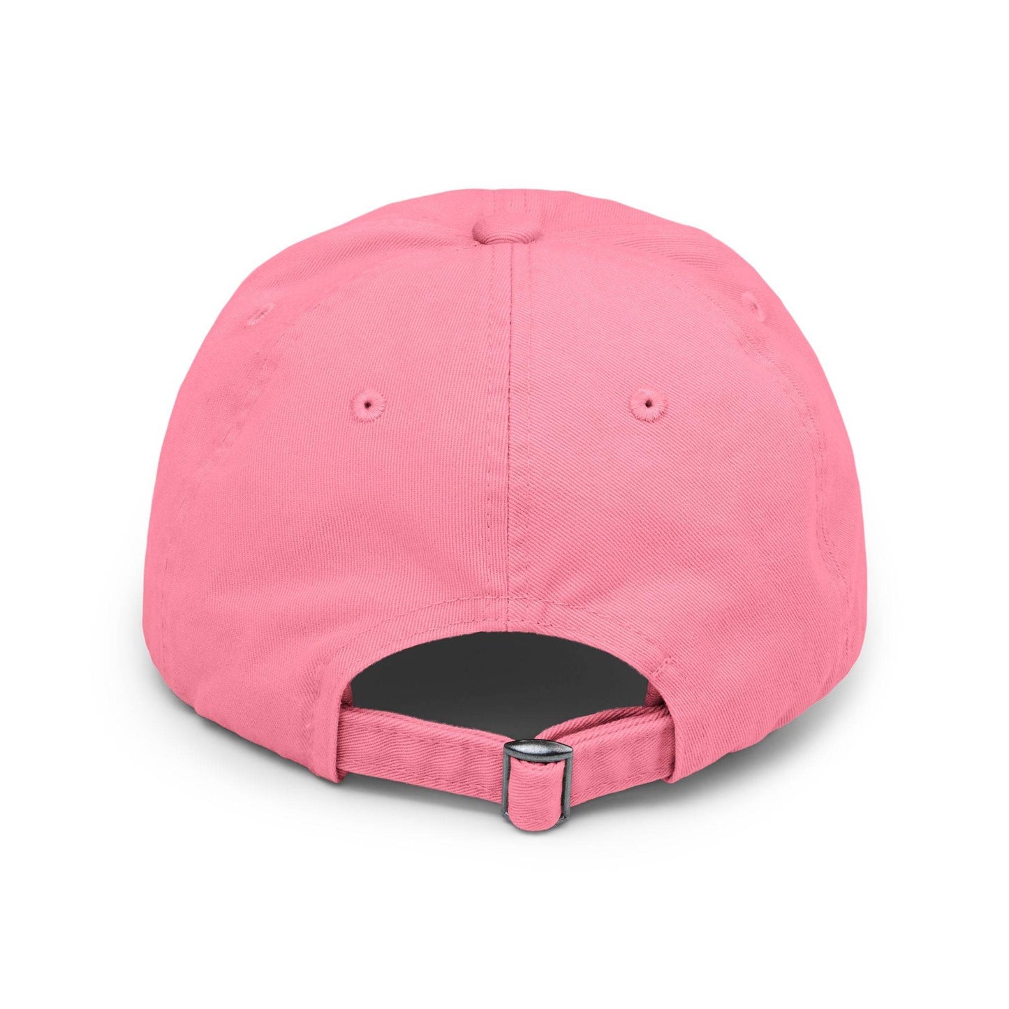 Back view of pink Grace > Chaos Embroidered Distressed Cap featuring adjustable strap and soft cotton twill, great for casual gifting.