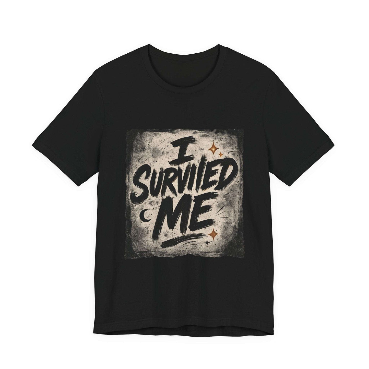 Black Survivor Grunge Graphic Tee with edgy 'I Survived Me' print, a bold statement tee for recovery celebration and empowerment.