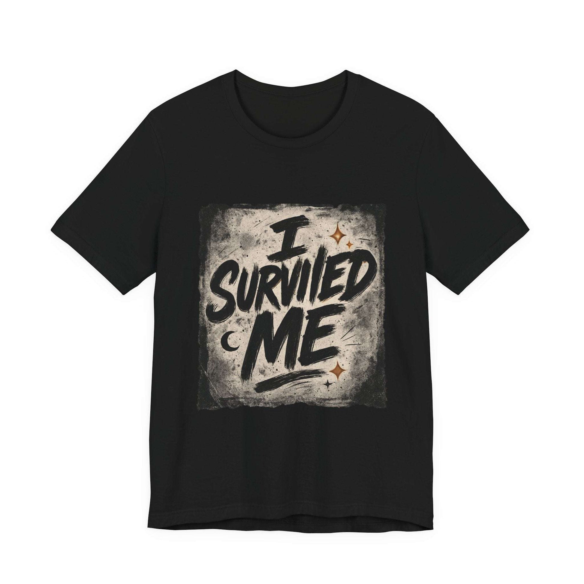 Black Survivor Grunge Graphic Tee with edgy 'I Survived Me' print, a bold statement tee for recovery celebration and empowerment.
