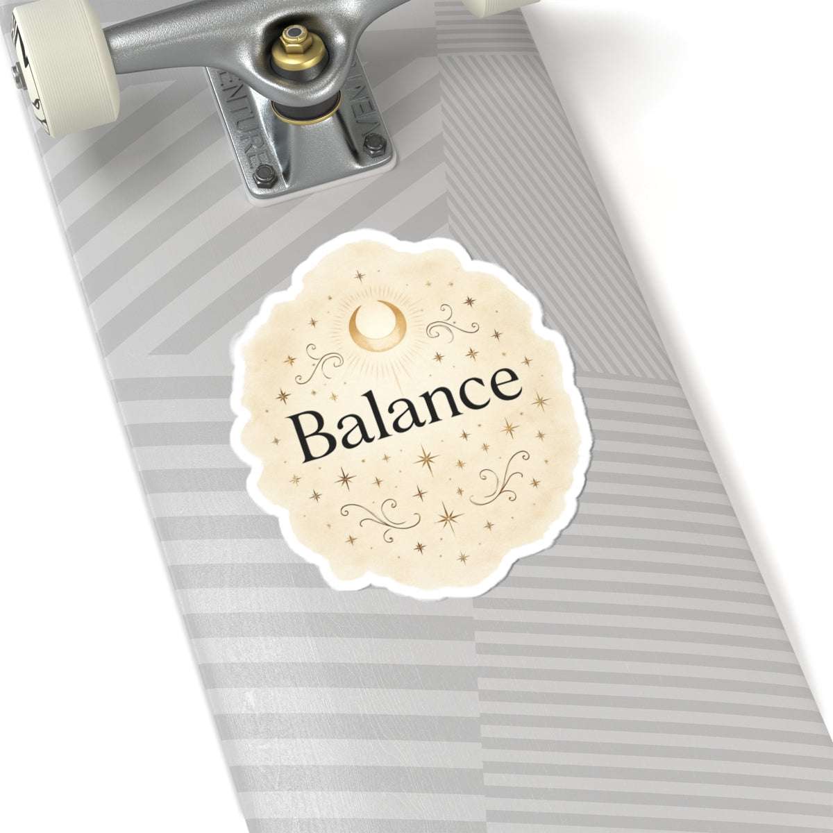 Balance themed round sticker placed on a neutral background, featuring elegant gold floral accents and inspirational typography.”