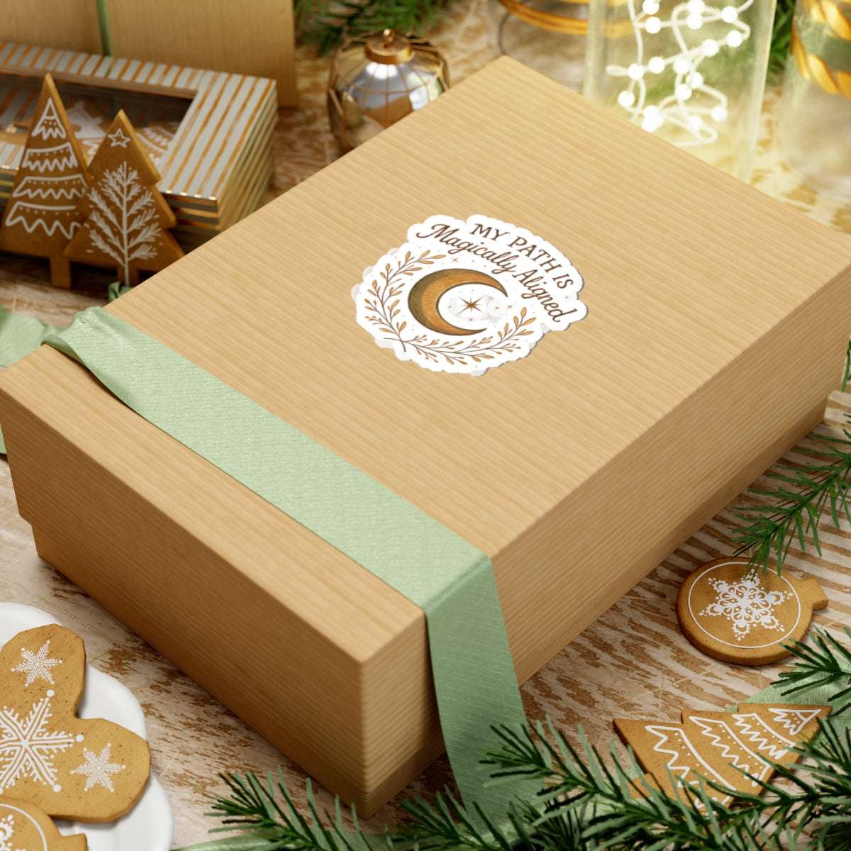Crescent Moon 'My Path Is Magically Aligned' sticker on holiday gift box, adding a spiritual boho touch to festive packaging and mindful gifting.