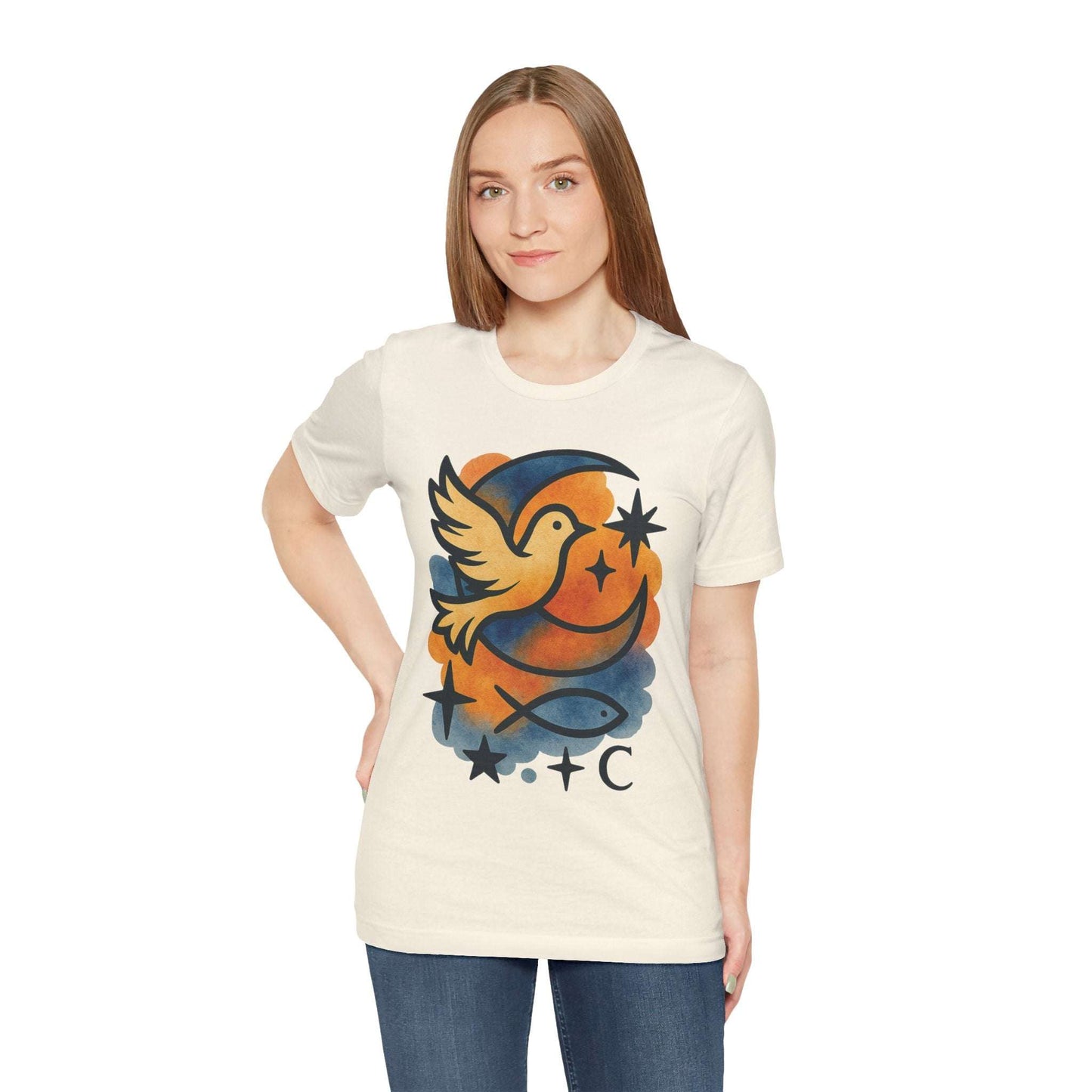 Dove & Crescent Moon Graphic Tee — Spiritual Dove Fish Symbol T-Shirt - Dream Studio Prints