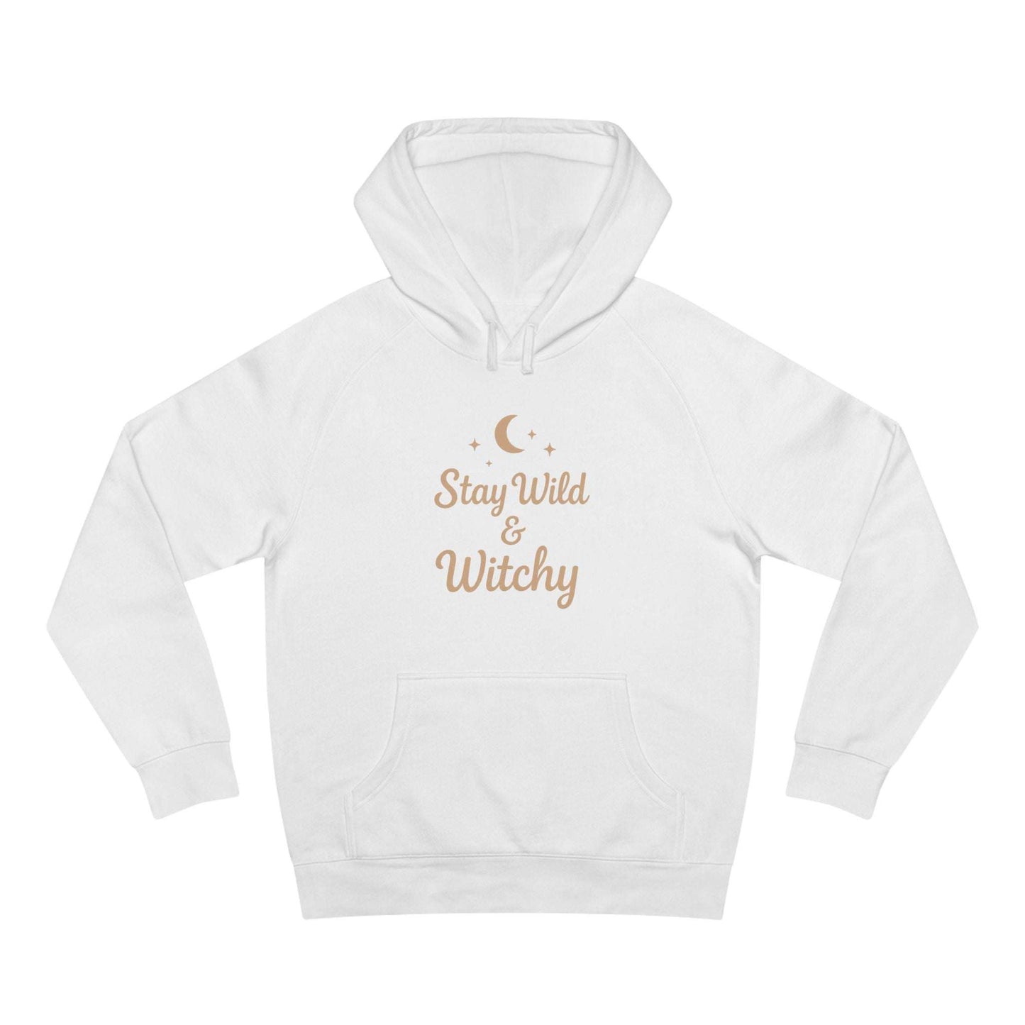 White Witchy Supply Hoodie featuring 'Stay Wild & Witchy' text and celestial graphics, perfect for casual witchy apparel lovers.