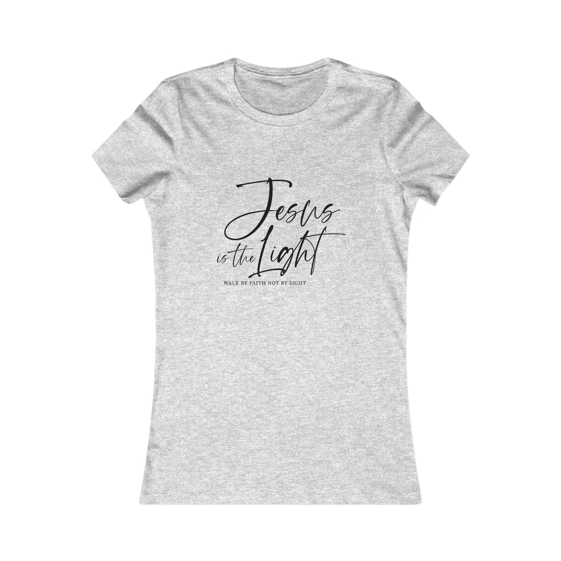 Heather gray Jesus Is the Light Women’s Tee with minimalist black text, breathable Christian shirt for everyday encouragement.