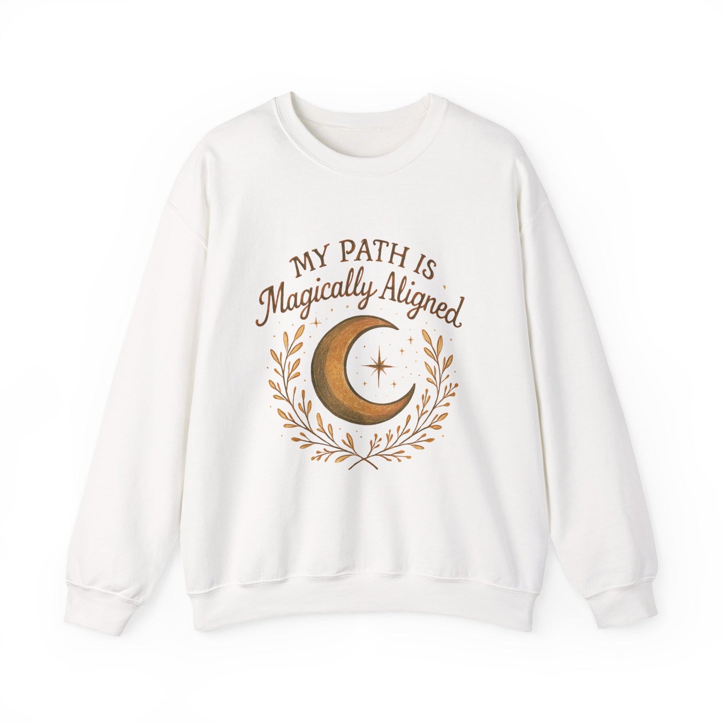 Flat lay of white My Path Is Magically Aligned Crescent Moon Sweatshirt featuring celestial design, ideal for yoga and meditation wear.