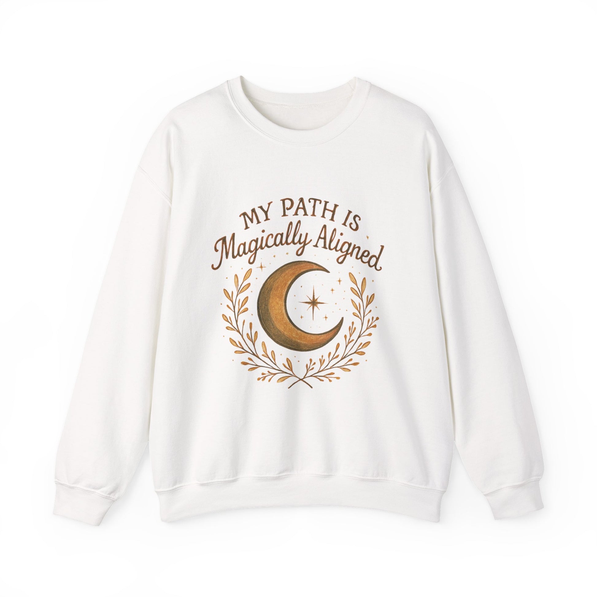 Flat lay of white My Path Is Magically Aligned Crescent Moon Sweatshirt featuring celestial design, ideal for yoga and meditation wear.