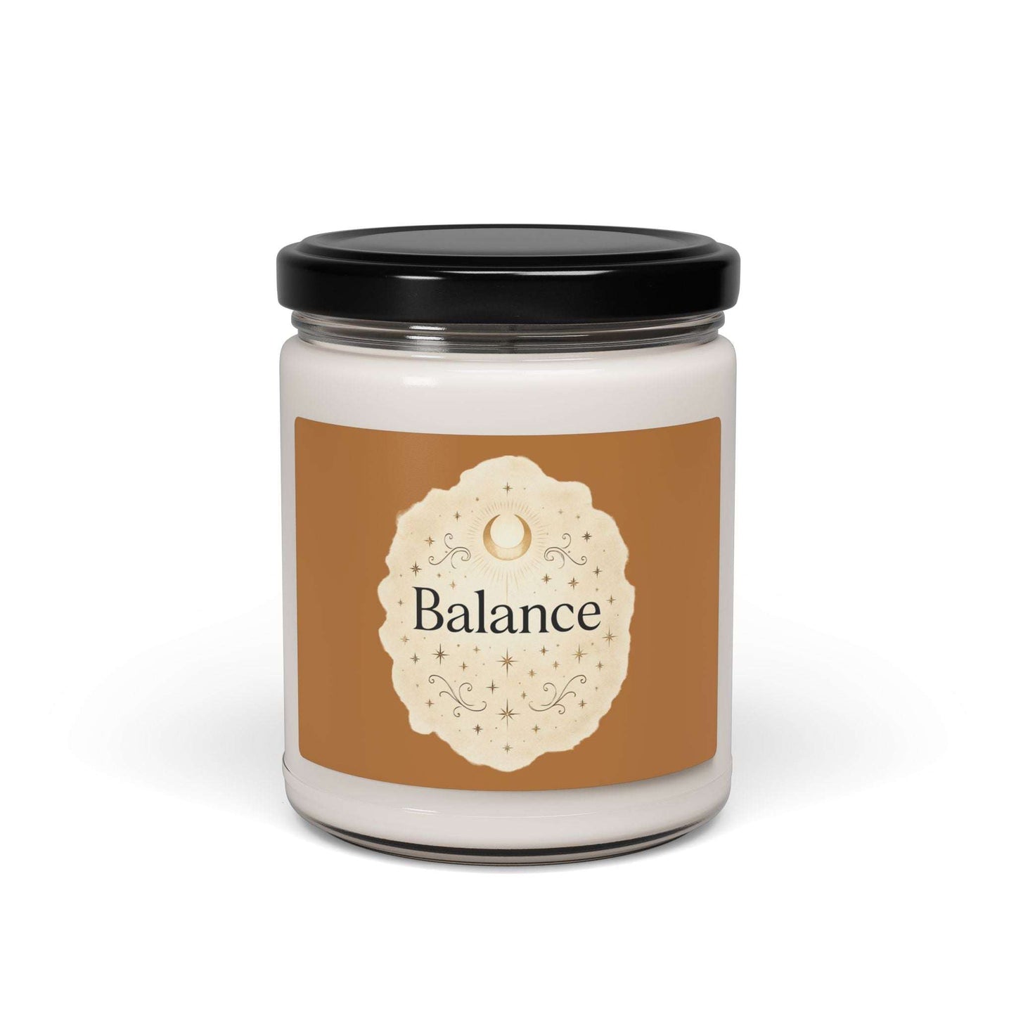 Candle jar with a 'Balance' label on a white background