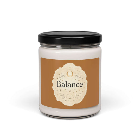 Candle jar with a 'Balance' label on a white background