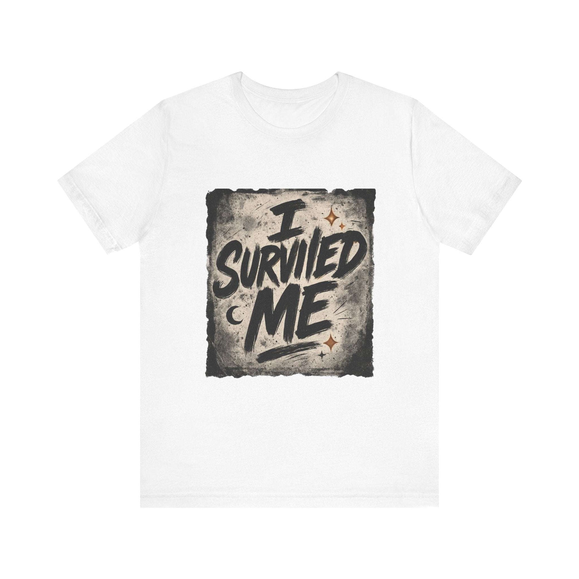 White Survivor Grunge Graphic Tee with bold black 'I Survived Me' lettering, a supportive apparel piece for resilience and self-love.