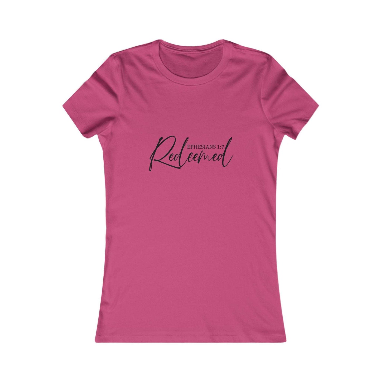 Redeemed Script Christian Tee in pink for women featuring 'Ephesians 1:7 Redeemed' text. Soft cotton faith shirt ideal for spiritual encouragement.