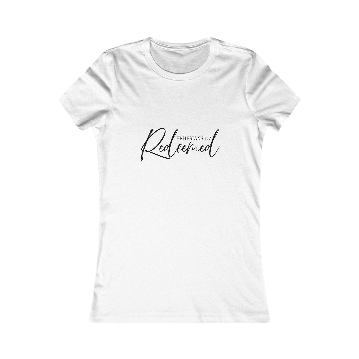 White Redeemed Script Christian T-Shirt for women with 'Ephesians 1:7 Redeemed' design. A stylish and uplifting women’s faith-based tee.