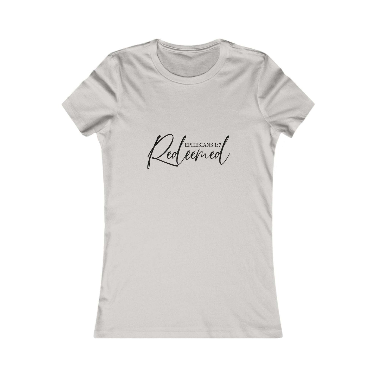 Light gray Redeemed Script Christian Tee for women with elegant scripture design. Comfortable and meaningful apparel for faith expression.