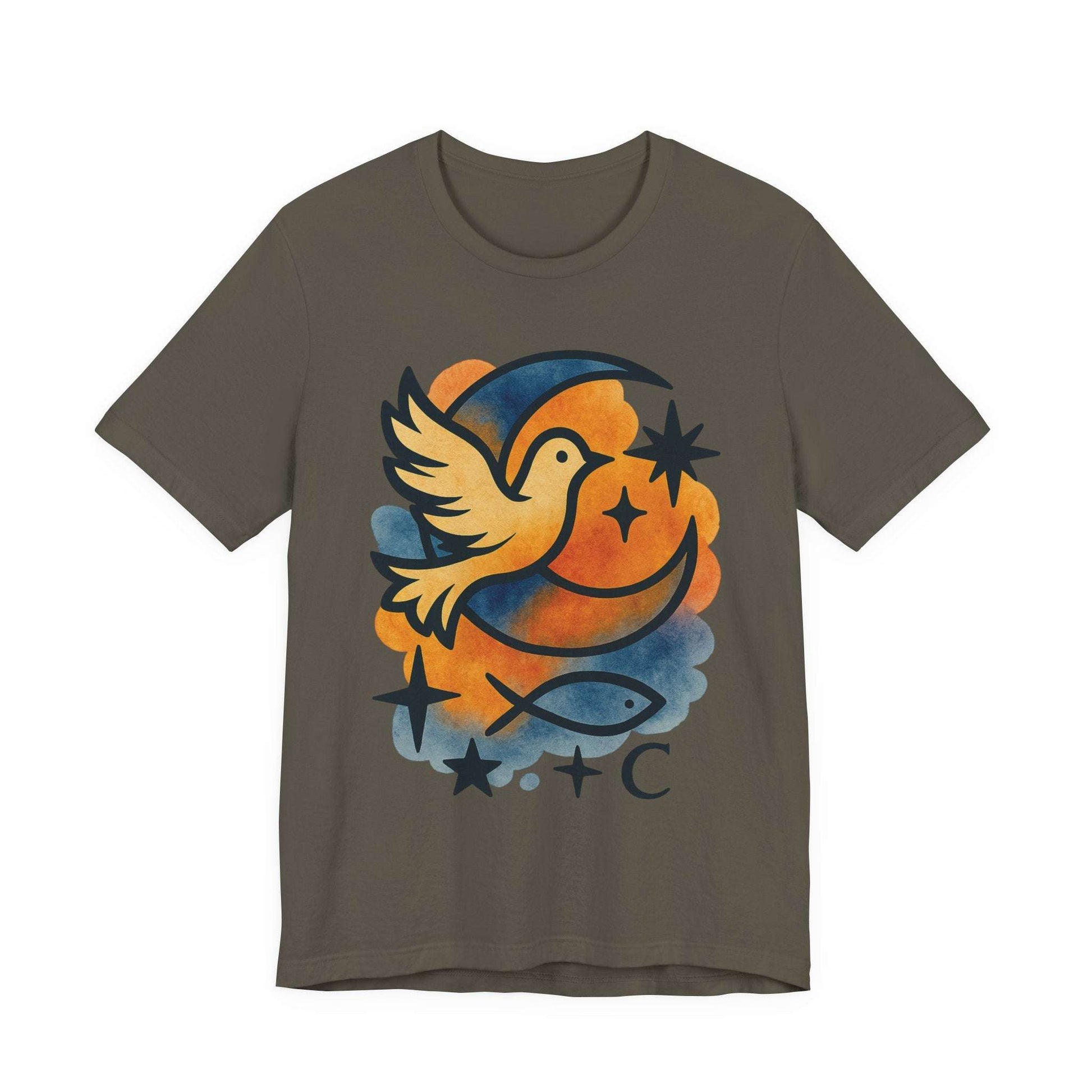 Dove & Crescent Moon Graphic Tee — Spiritual Dove Fish Symbol T-Shirt - Dream Studio Prints