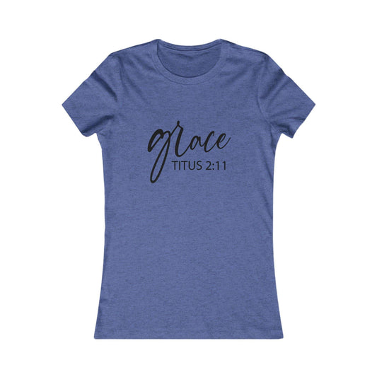 Grace Titus 2:11 Women’s Tee in heather blue with black script text, Christian faith shirt for women with slim fit and inspirational message.