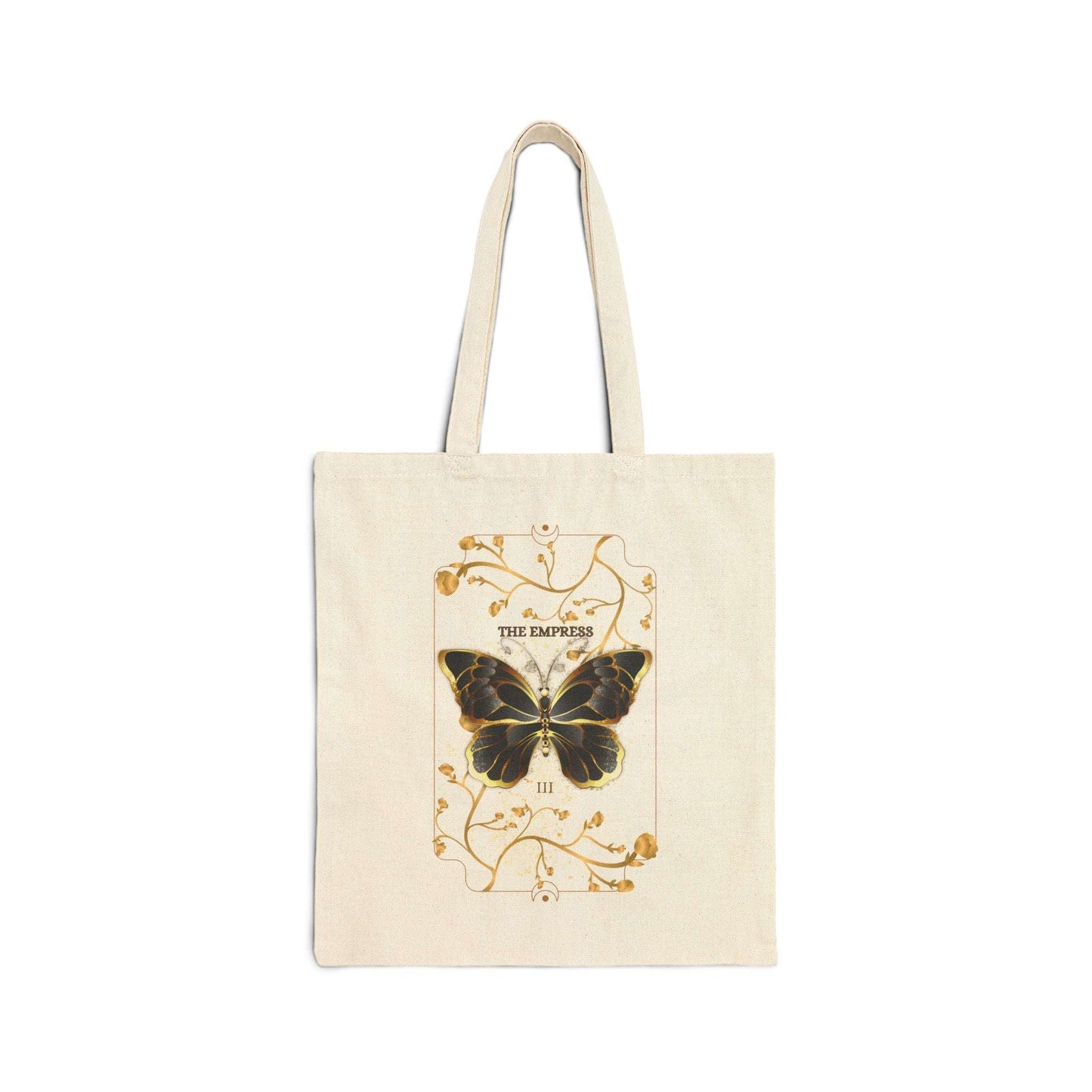 Flat-lay of Butterfly Botanical Tote Bag showcasing 'The Empress' tarot-style butterfly print on natural cotton canvas, ideal for reusable shopping.