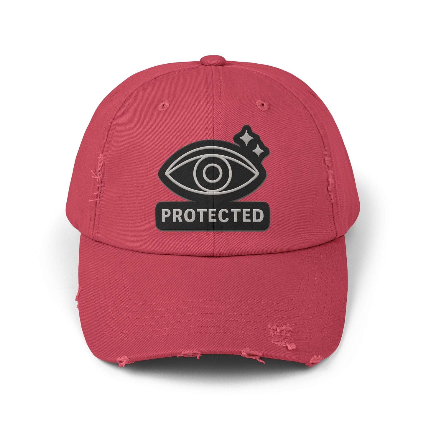 Red Protected Eye Distressed Dad Hat with bold embroidered eye design. Stylish unisex cap with vintage streetwear vibe.