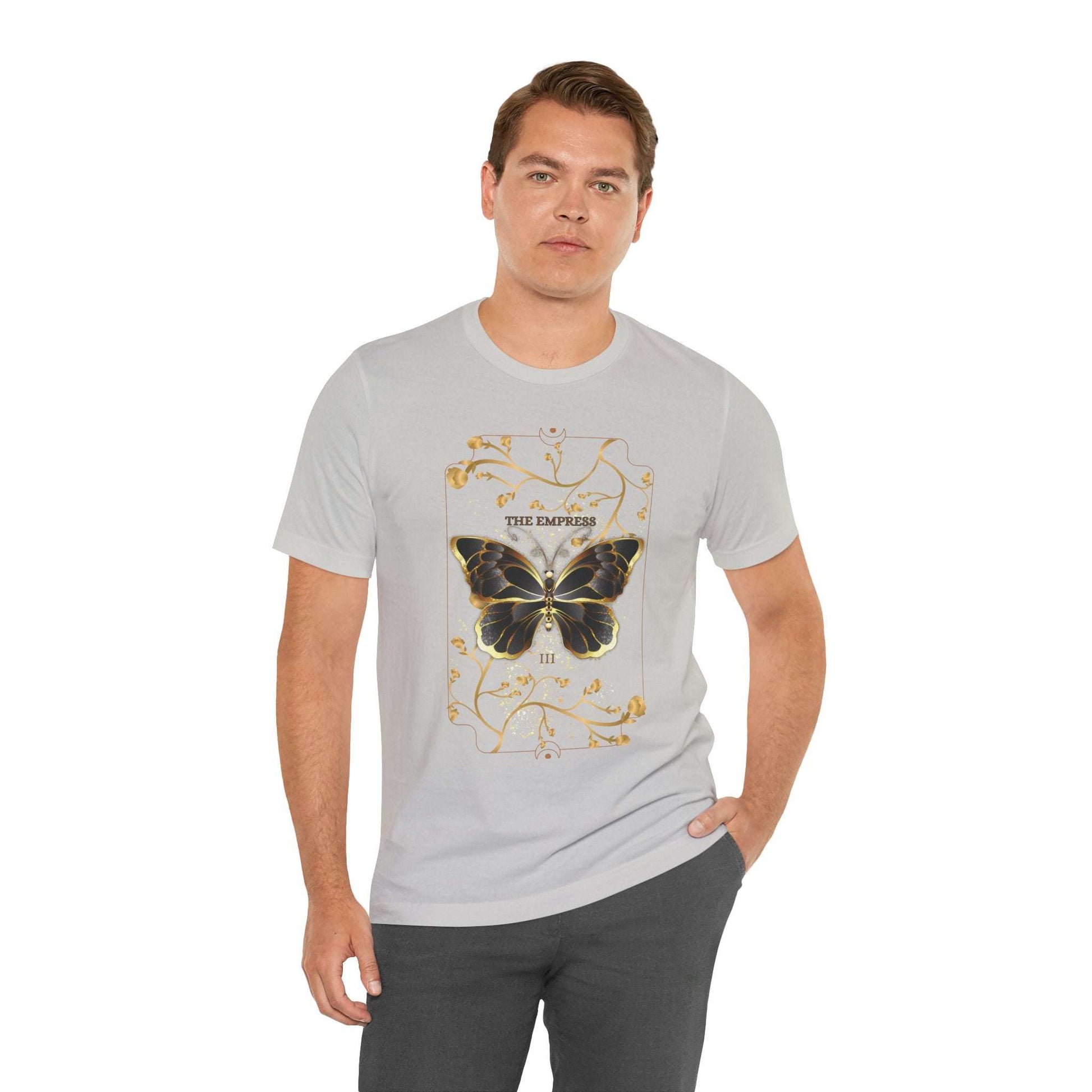 Man wearing butterfly botanical Christian t-shirt
