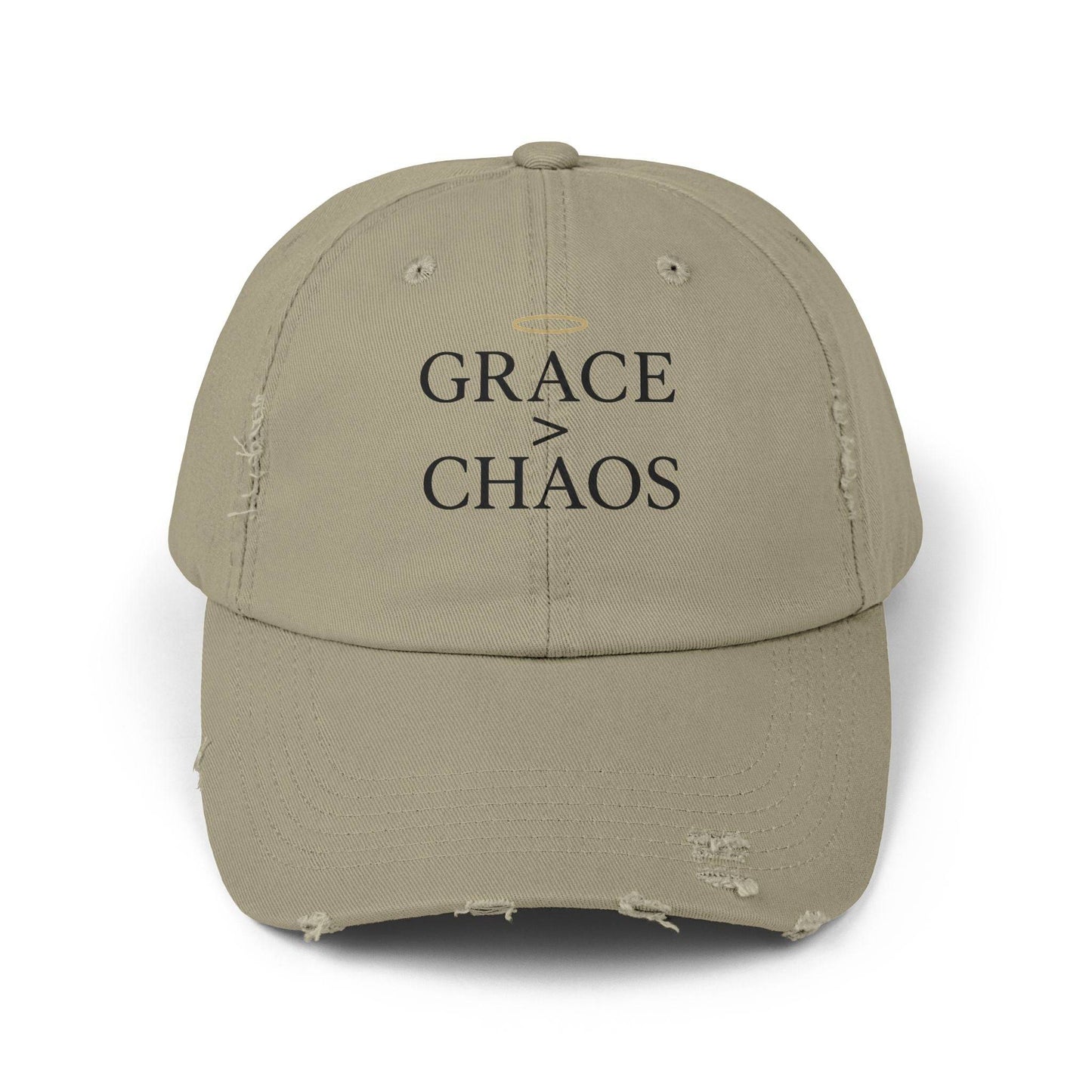 Front view of khaki Grace > Chaos Embroidered Distressed Cap with black lettering and halo icon, a motivational unisex baseball hat.