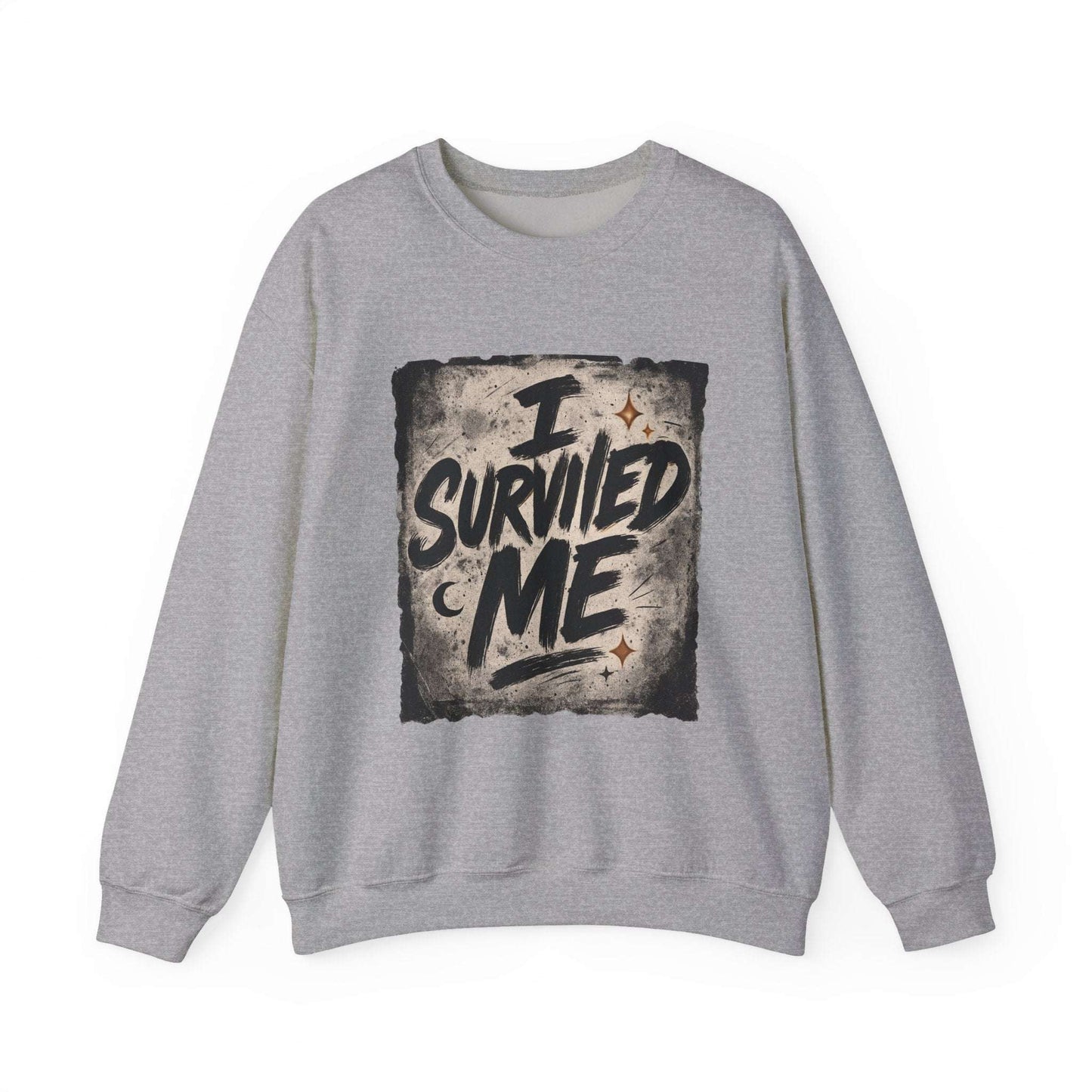 Gray Survived Me Sweatshirt with edgy grunge design, combining comfort and resilience for supportive streetwear fashion.