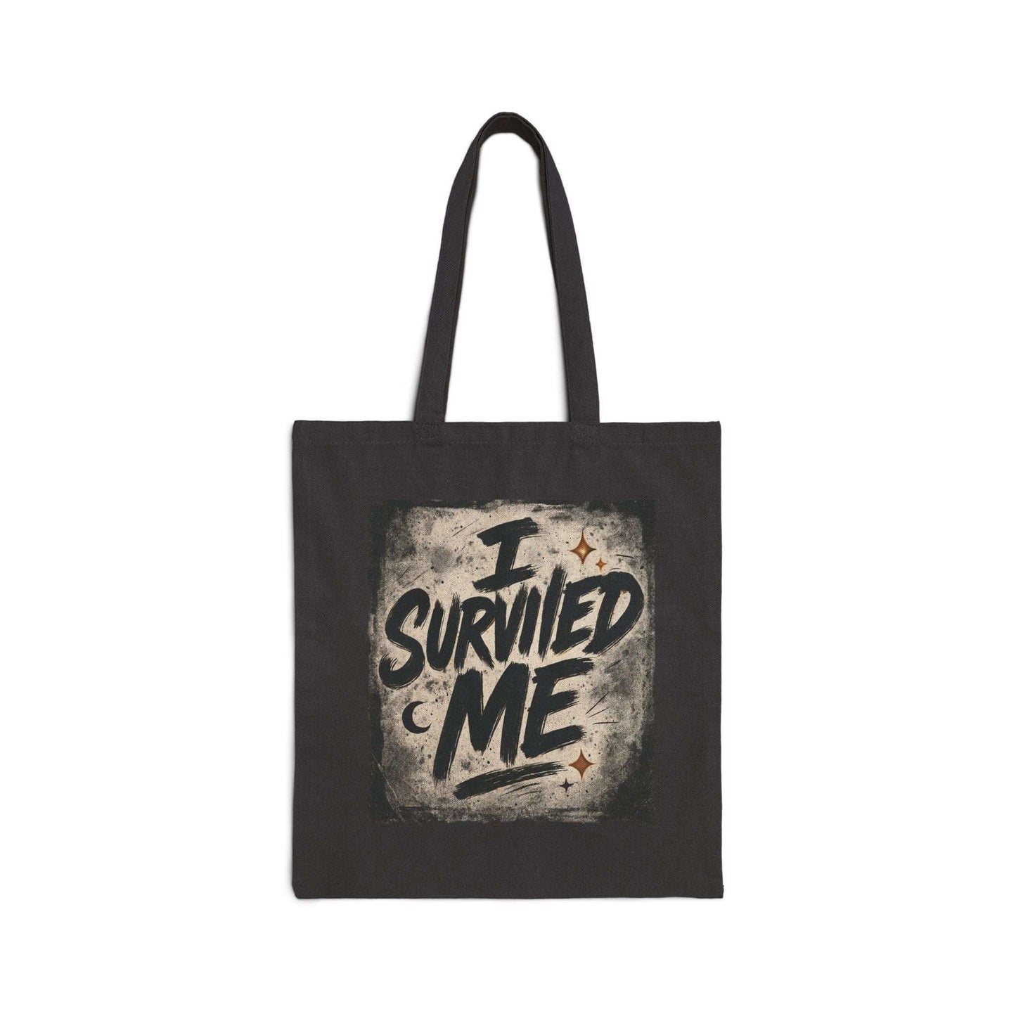 Black cotton canvas tote bag featuring 'I Survived Me' design, a durable and empowering everyday carry for women or therapy survivors.