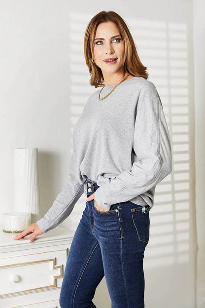Double Take Seam Detail Round Neck Long Sleeve Top - Dream Studio Prints