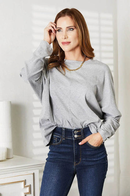 Double Take Seam Detail Round Neck Long Sleeve Top - Dream Studio Prints