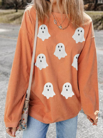 Halloween Ghost Sequin Patched Twisted Ribbed Texture Sweatshirt - Dream Studio Prints