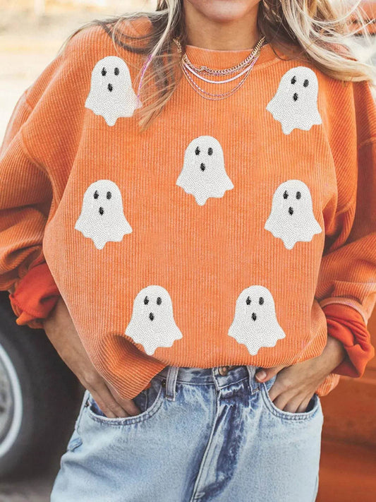 Halloween Ghost Sequin Patched Twisted Ribbed Texture Sweatshirt - Dream Studio Prints