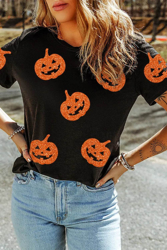 Halloween T-Shirt Full Size Glitter Jack-O'-Lantern Short Sleeve T-Shirt - Dream Studio Prints
