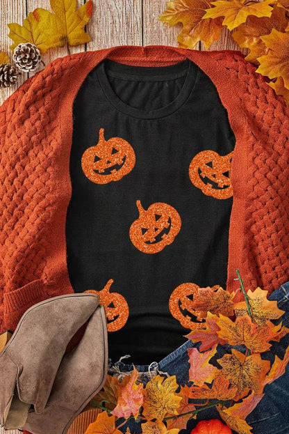 Halloween T-Shirt Full Size Glitter Jack-O'-Lantern Short Sleeve T-Shirt - Dream Studio Prints