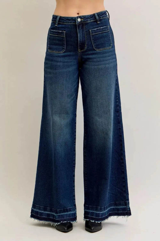 Judy Blue High Waist Palazzo Jeans with Front Patch Pockets - Dream Studio Prints