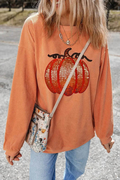 Sequin Pumpkin Round Neck Long Sleeve Sweatshirt - Dream Studio Prints