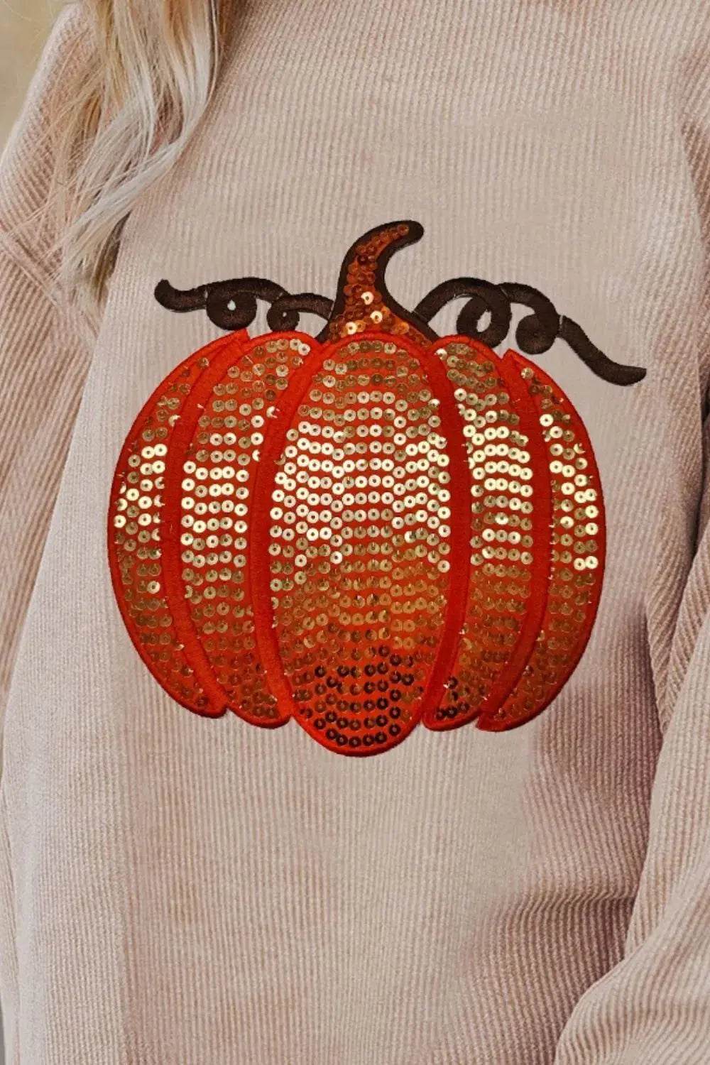 Sequin Pumpkin Round Neck Long Sleeve Sweatshirt - Dream Studio Prints