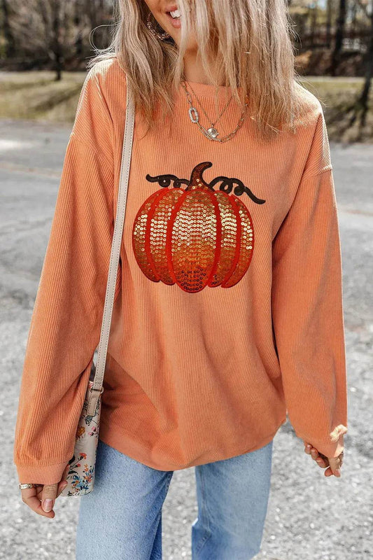 Sequin Pumpkin Round Neck Long Sleeve Sweatshirt - Dream Studio Prints