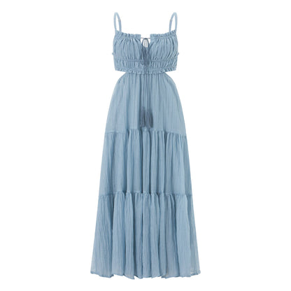 2024 Summer Women Flowy Long Dress Spaghetti Strap Cut Out Backless Ruffle A-Line Dress Bohemian Party Holiday Casual Sundress